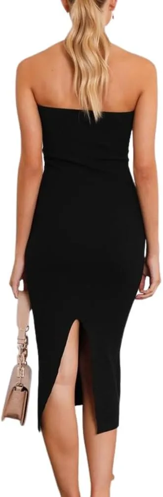 Women Sexy Twist Front Knit Bodycon Maxi Tube Dress Strapless Sweetheart Neck Backless Slit Bandeau Long Dress