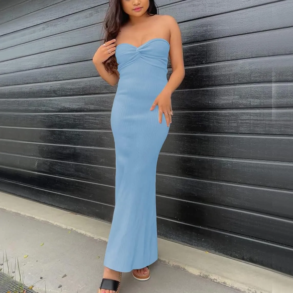 Women Sexy Twist Front Knit Bodycon Maxi Tube Dress Strapless Sweetheart Neck Backless Slit Bandeau Long Dress