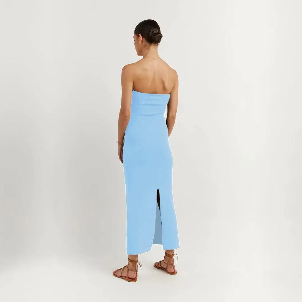 Women Sexy Twist Front Knit Bodycon Maxi Tube Dress Strapless Sweetheart Neck Backless Slit Bandeau Long Dress