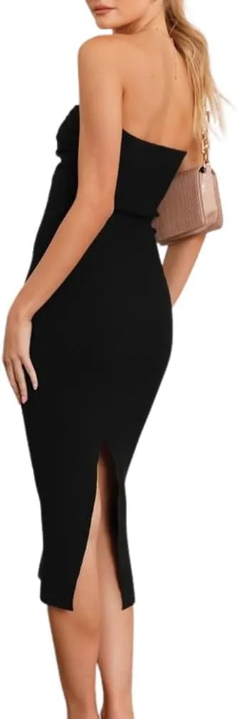 Women Sexy Twist Front Knit Bodycon Maxi Tube Dress Strapless Sweetheart Neck Backless Slit Bandeau Long Dress