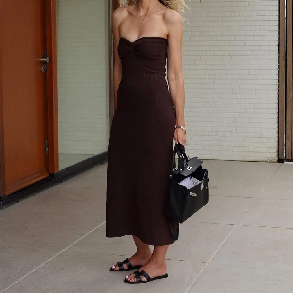 Women Sexy Twist Front Knit Bodycon Maxi Tube Dress Strapless Sweetheart Neck Backless Slit Bandeau Long Dress