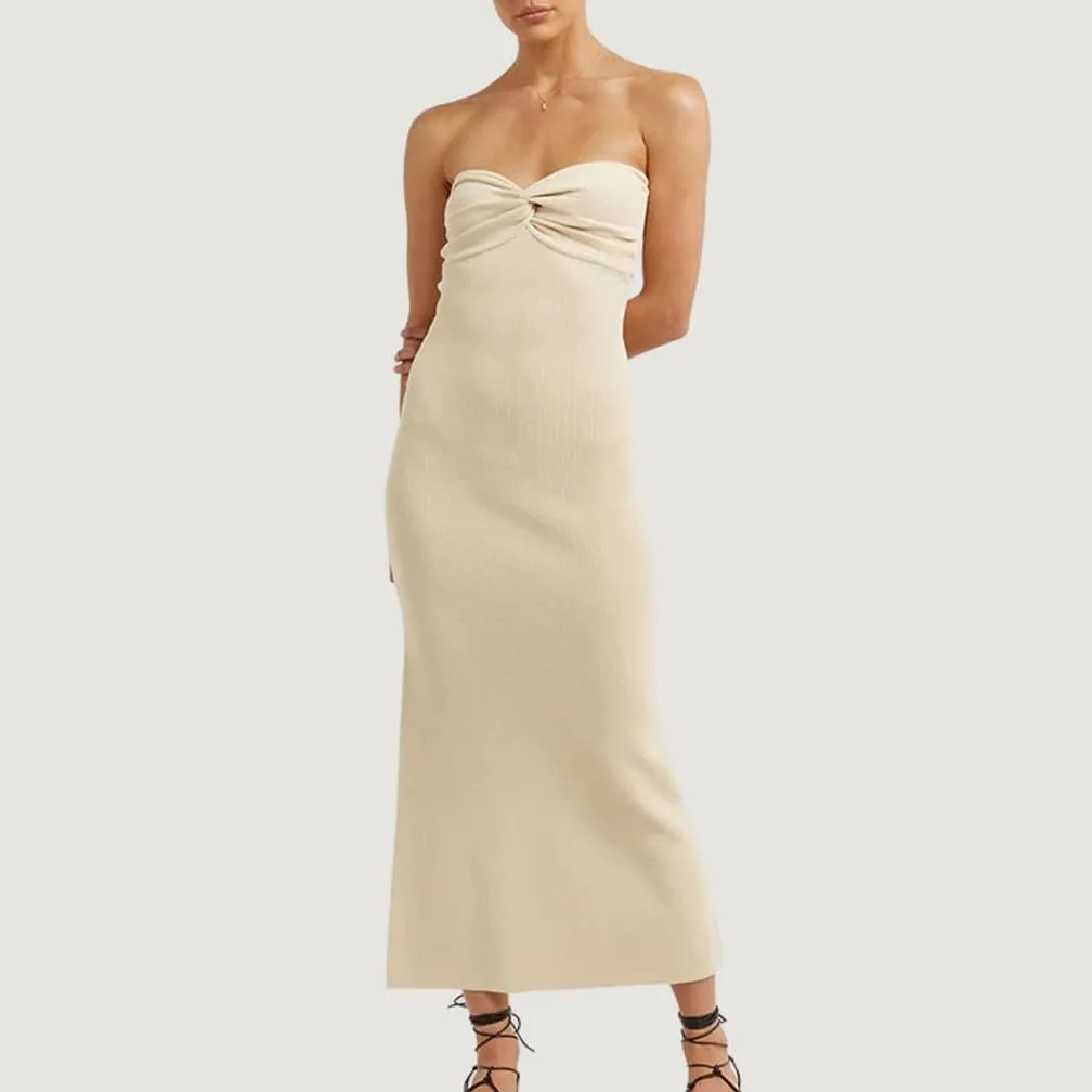 Women Sexy Twist Front Knit Bodycon Maxi Tube Dress Strapless Sweetheart Neck Backless Slit Bandeau Long Dress