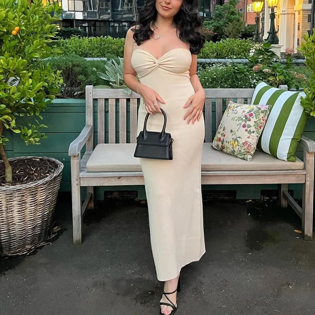 Women Sexy Twist Front Knit Bodycon Maxi Tube Dress Strapless Sweetheart Neck Backless Slit Bandeau Long Dress