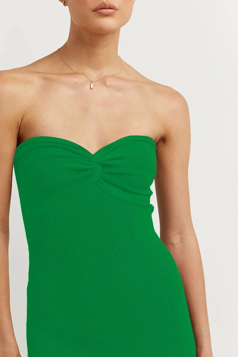 Women Sexy Twist Front Knit Bodycon Maxi Tube Dress Strapless Sweetheart Neck Backless Slit Bandeau Long Dress
