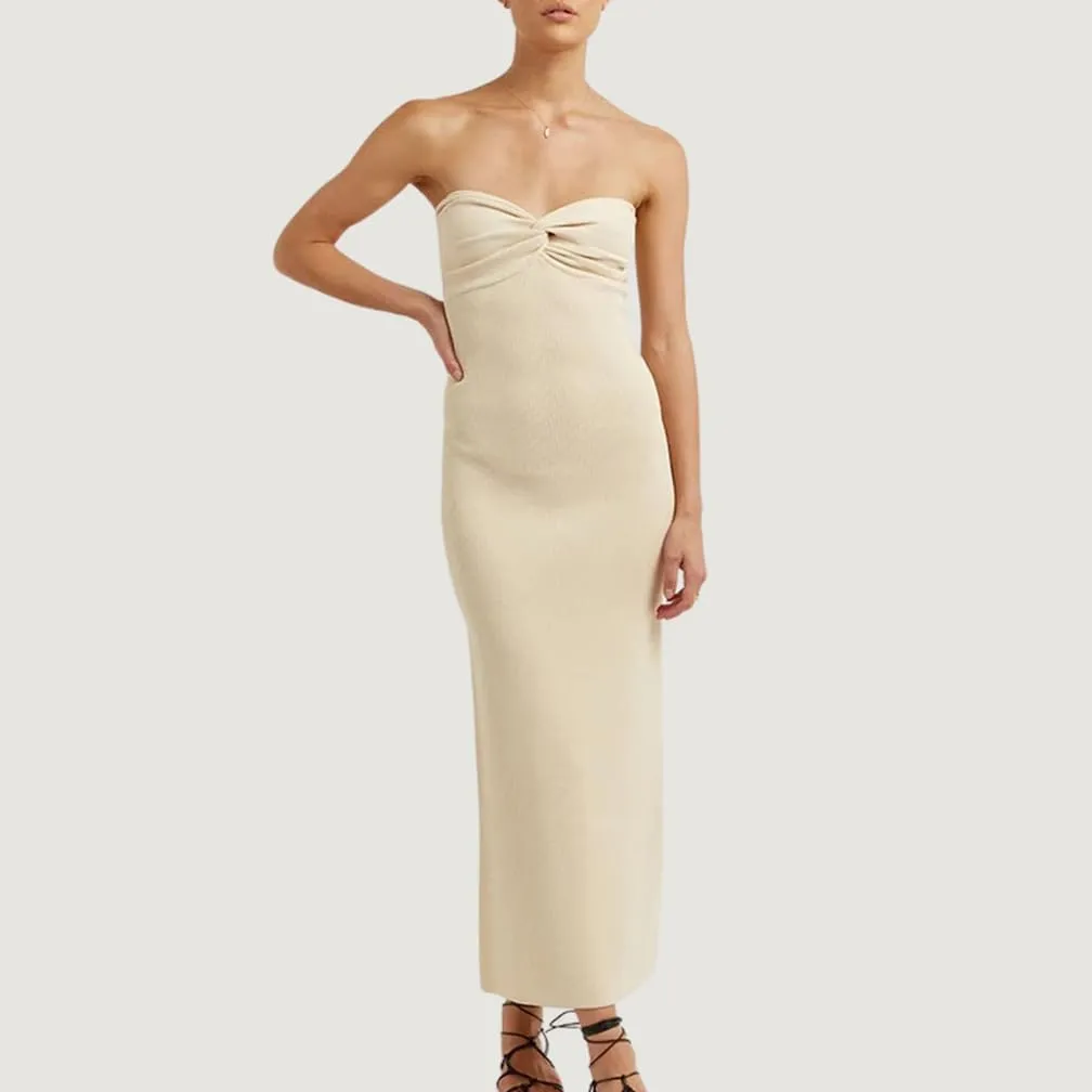 Women Sexy Twist Front Knit Bodycon Maxi Tube Dress Strapless Sweetheart Neck Backless Slit Bandeau Long Dress