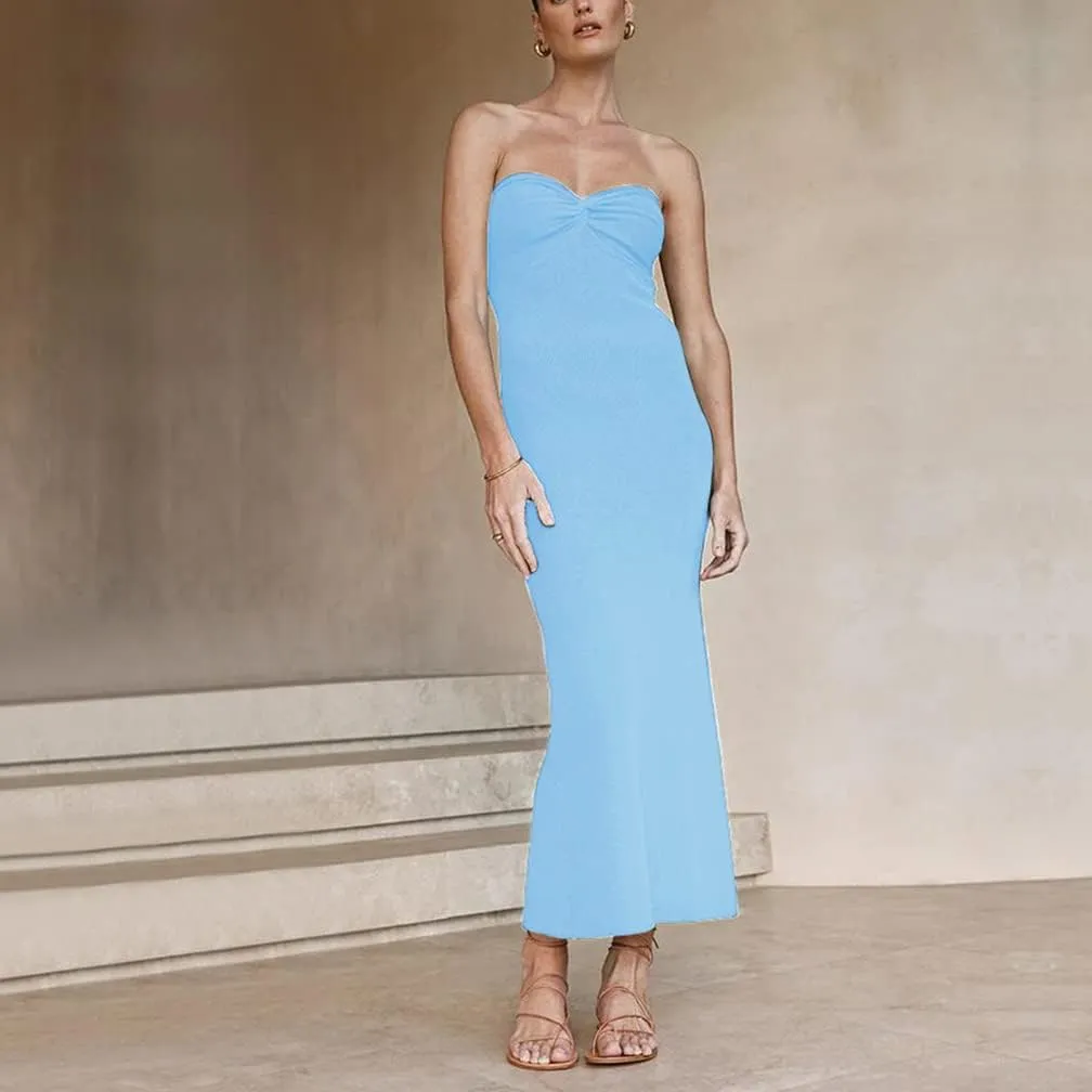Women Sexy Twist Front Knit Bodycon Maxi Tube Dress Strapless Sweetheart Neck Backless Slit Bandeau Long Dress