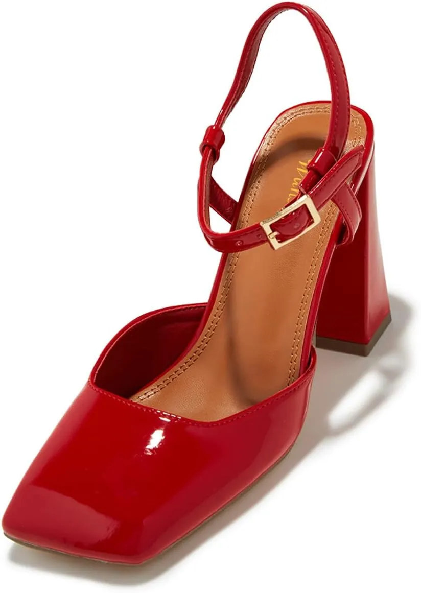 Women Trendy Ankle Strap Buckle Square Toe Glossy Sandals Chunky High Heel Summer Party Event Shoes Size 4-16 US