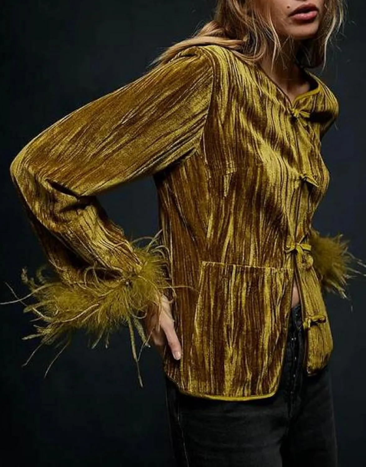 Women Velvet Fur Trim Button Up Shirts Long Sleeve Feather Patchwork Open Front Tops Trendy Holiday Jacket Outwear