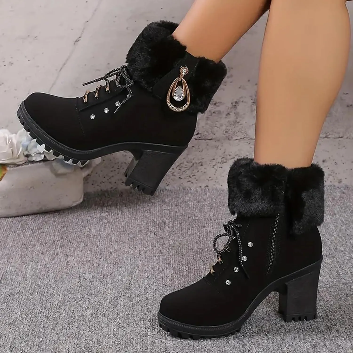 Women Winter Chunky Heel Ankle Boots, Casual Rhinestones Decor Shoes Warm Lined Lace Up Ankle Booties
