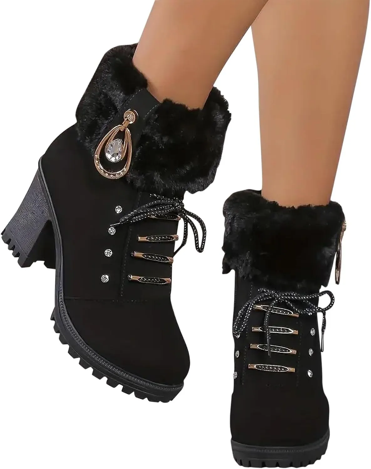 Women Winter Chunky Heel Ankle Boots, Casual Rhinestones Decor Shoes Warm Lined Lace Up Ankle Booties