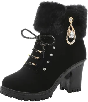 Women Winter Chunky Heel Ankle Boots, Casual Rhinestones Decor Shoes Warm Lined Lace Up Ankle Booties