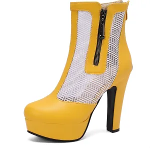 Women's Ankle Boots Mesh Platform Boots Chunky Block High Heel Sandals Round Toe Zipper Shoes