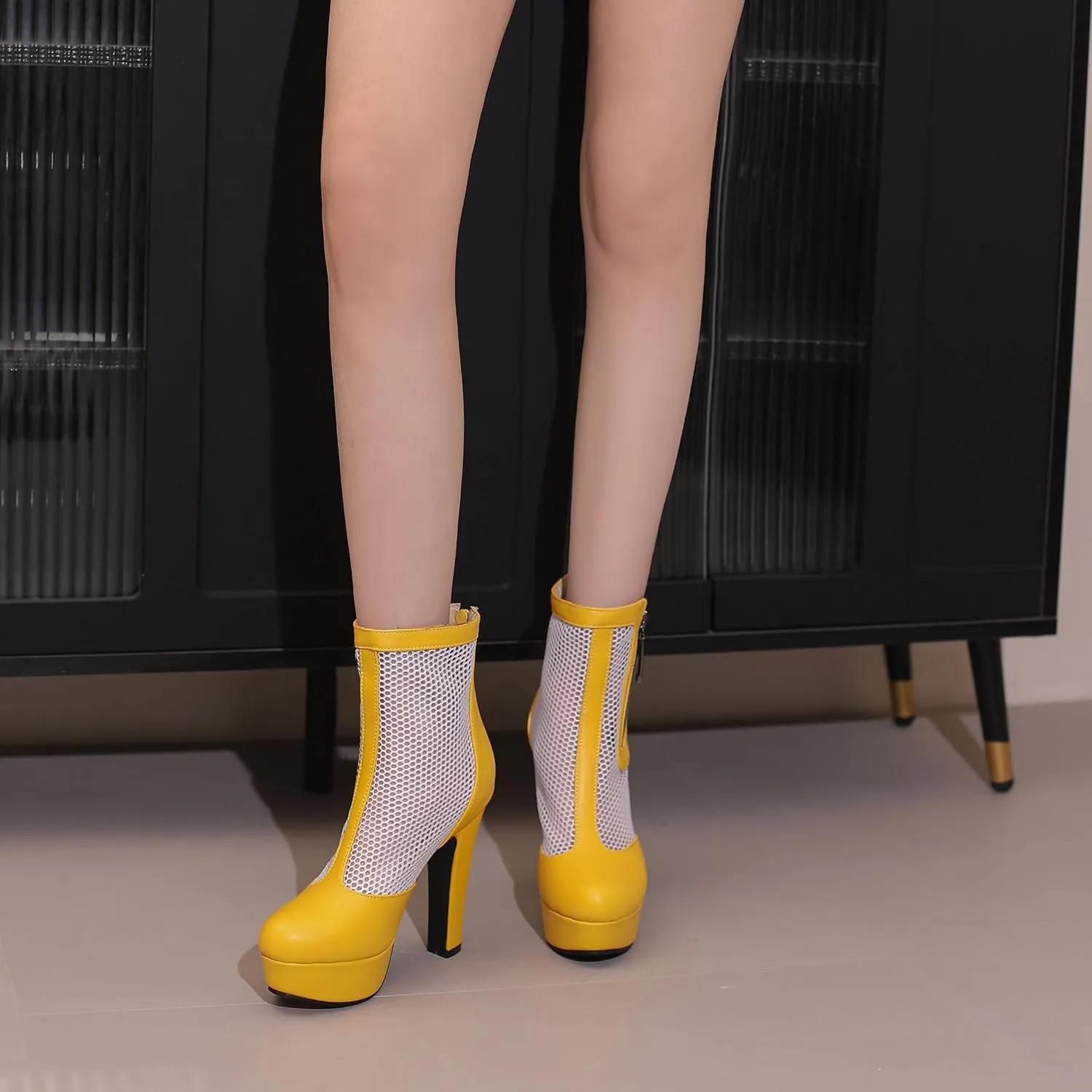 Women's Ankle Boots Mesh Platform Boots Chunky Block High Heel Sandals Round Toe Zipper Shoes