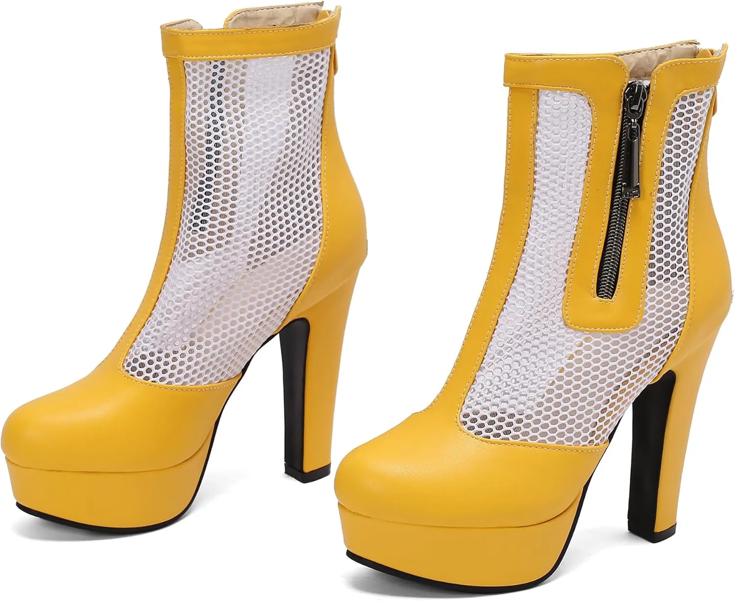 Women's Ankle Boots Mesh Platform Boots Chunky Block High Heel Sandals Round Toe Zipper Shoes