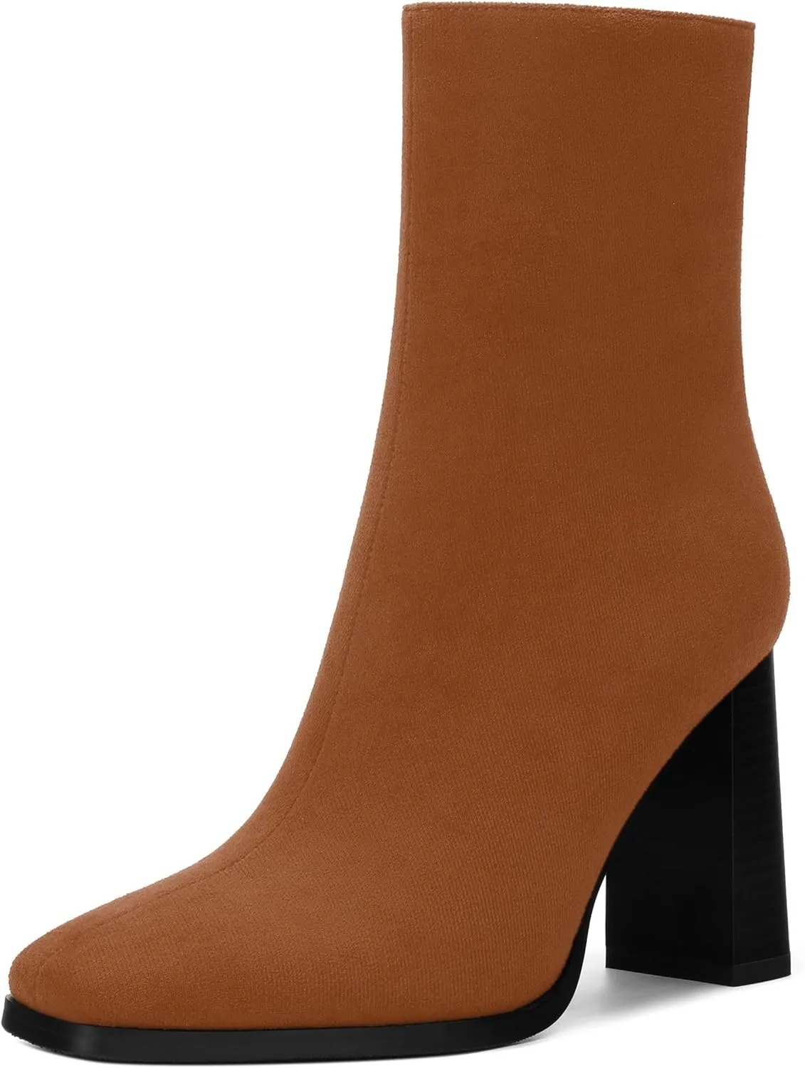 Womens Ankle Boots, Square Toe High Heel Short Boots for Women, Fashion Chunky Heel Mid Calf Boots with Side Zipper 3.5 In