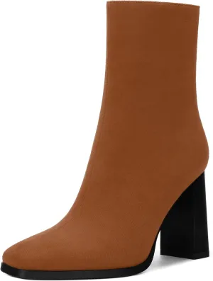 Womens Ankle Boots, Square Toe High Heel Short Boots for Women, Fashion Chunky Heel Mid Calf Boots with Side Zipper 3.5 In