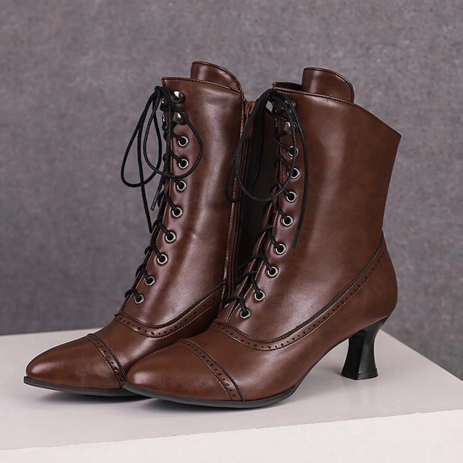 Women's Ankle Boots Victorian Boots Mid Calf Boots Pointed Toe Black Boots Kitten Heel Lace Up Witch Boots Knight Boots for Women Low Heel Dressy Short Booties Renaissance Shoes