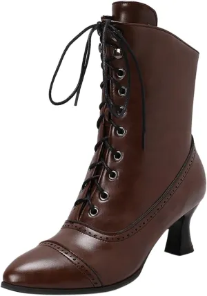 Women's Ankle Boots Victorian Boots Mid Calf Boots Pointed Toe Black Boots Kitten Heel Lace Up Witch Boots Knight Boots for Women Low Heel Dressy Short Booties Renaissance Shoes