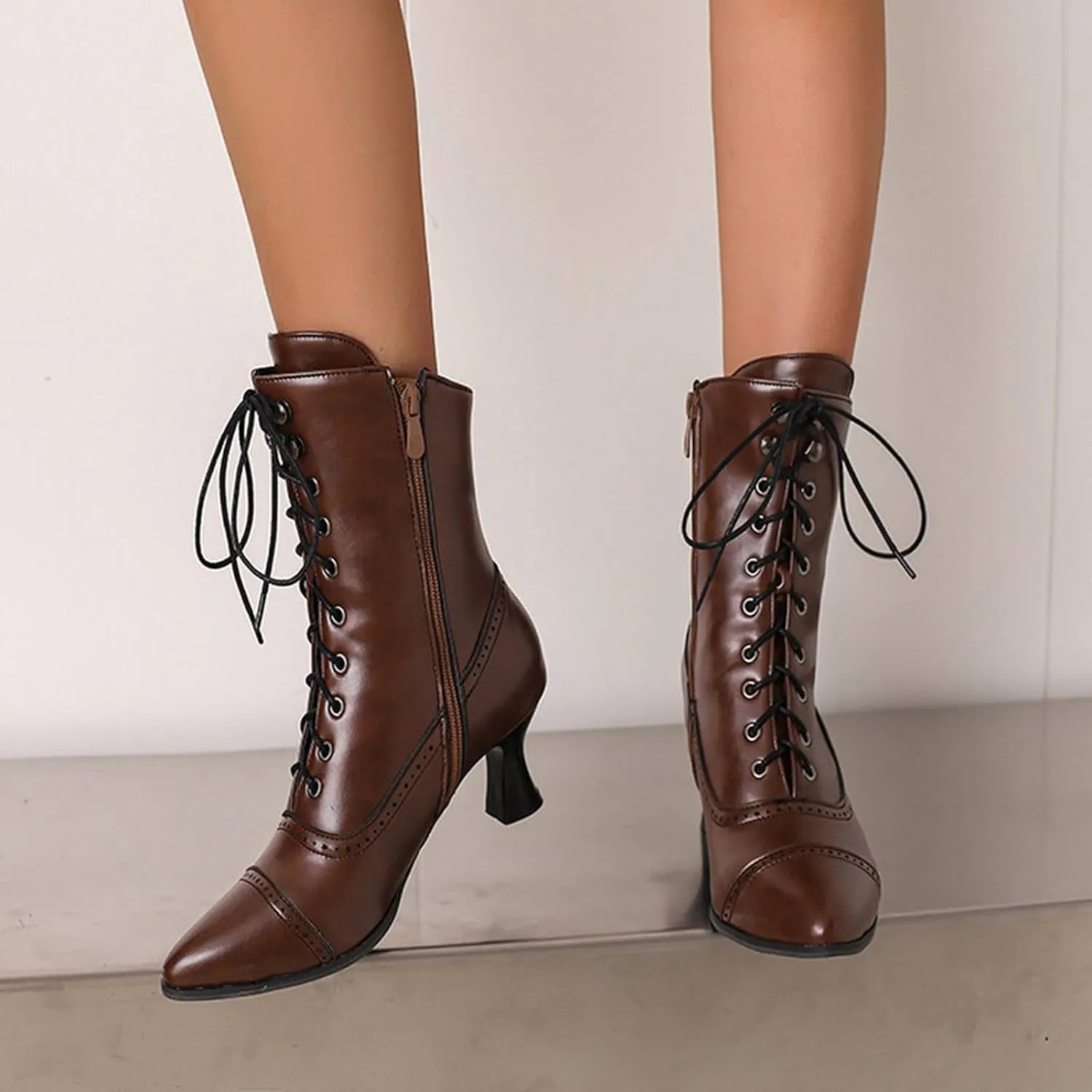 Women's Ankle Boots Victorian Boots Mid Calf Boots Pointed Toe Black Boots Kitten Heel Lace Up Witch Boots Knight Boots for Women Low Heel Dressy Short Booties Renaissance Shoes