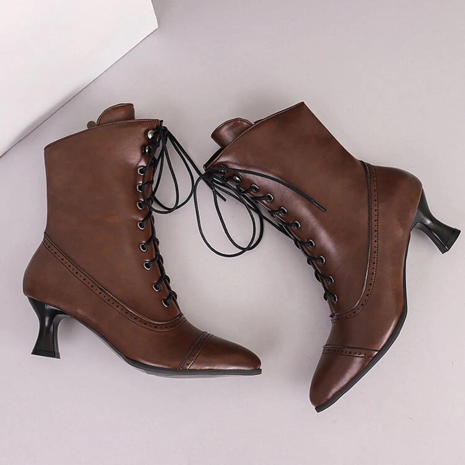 Women's Ankle Boots Victorian Boots Mid Calf Boots Pointed Toe Black Boots Kitten Heel Lace Up Witch Boots Knight Boots for Women Low Heel Dressy Short Booties Renaissance Shoes