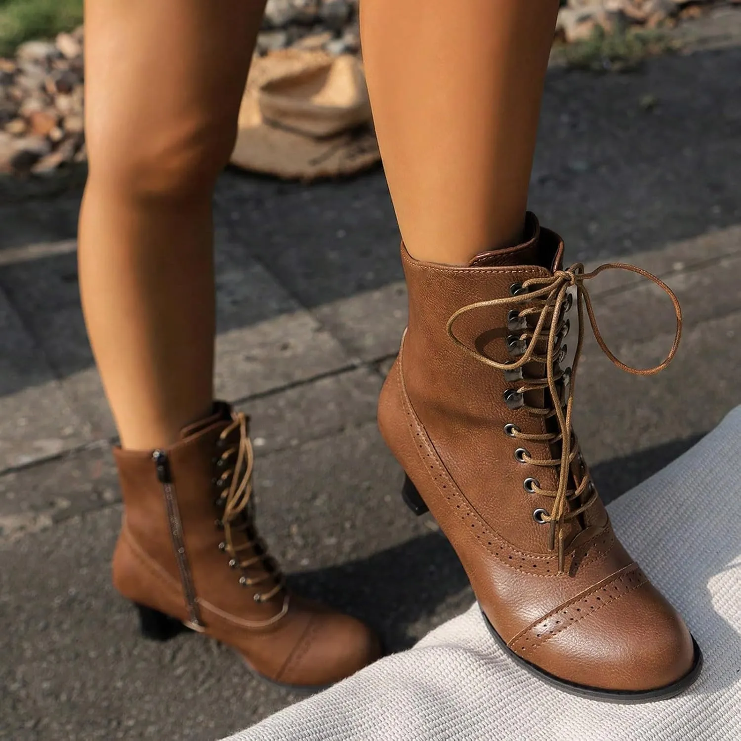 Womens Ankle Boots Wide Calf,Mid Heel Victorian Boots Vintage Lace Up Dance Booties Cosplay Witch Shoes for Women