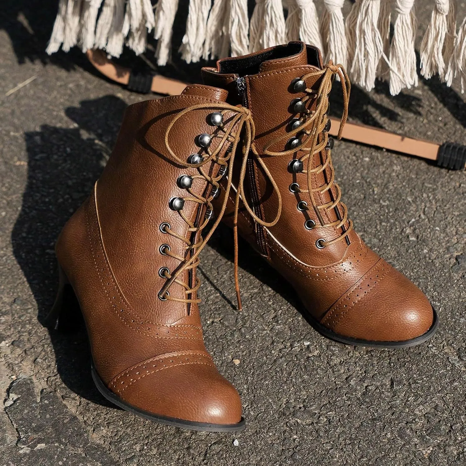 Womens Ankle Boots Wide Calf,Mid Heel Victorian Boots Vintage Lace Up Dance Booties Cosplay Witch Shoes for Women
