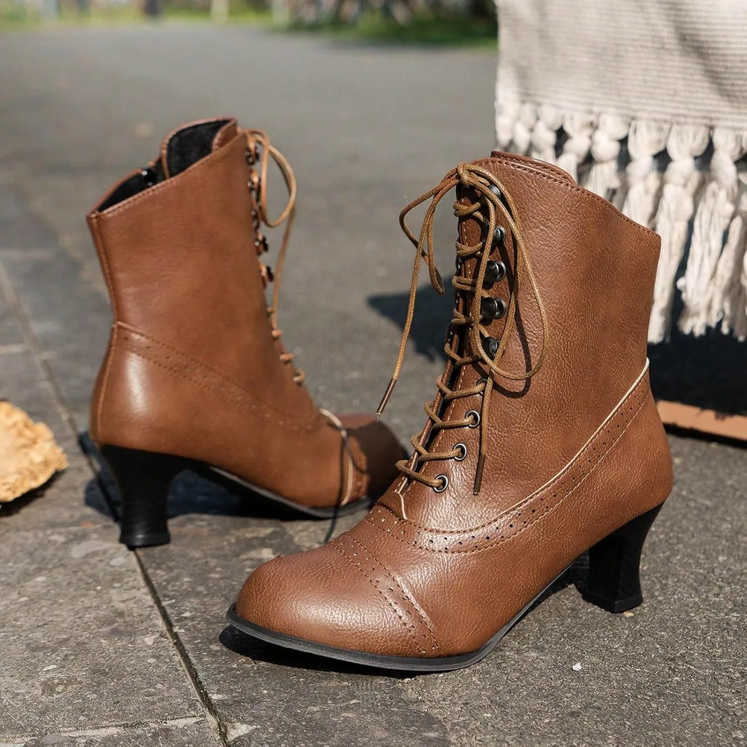 Womens Ankle Boots Wide Calf,Mid Heel Victorian Boots Vintage Lace Up Dance Booties Cosplay Witch Shoes for Women