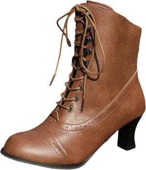 Womens Ankle Boots Wide Calf,Mid Heel Victorian Boots Vintage Lace Up Dance Booties Cosplay Witch Shoes for Women