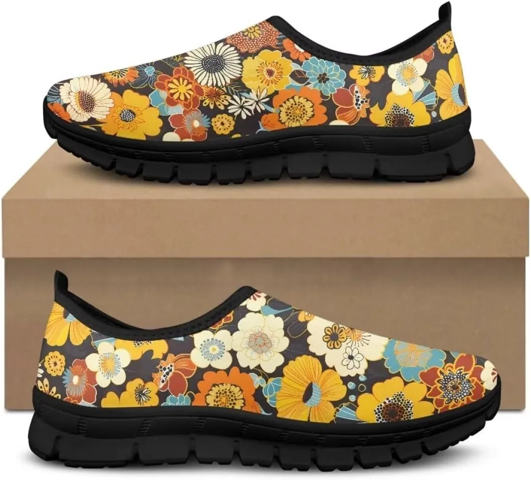 Womens Athletic Shoes Flowers Print Sports Shoes Slip-on Air Mesh Lightweight Sneakers Running Flats