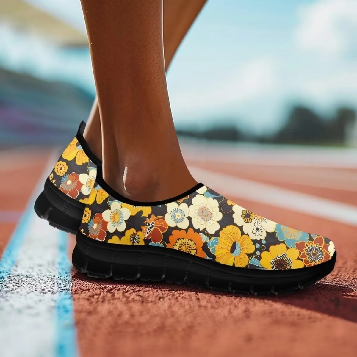 Womens Athletic Shoes Flowers Print Sports Shoes Slip-on Air Mesh Lightweight Sneakers Running Flats
