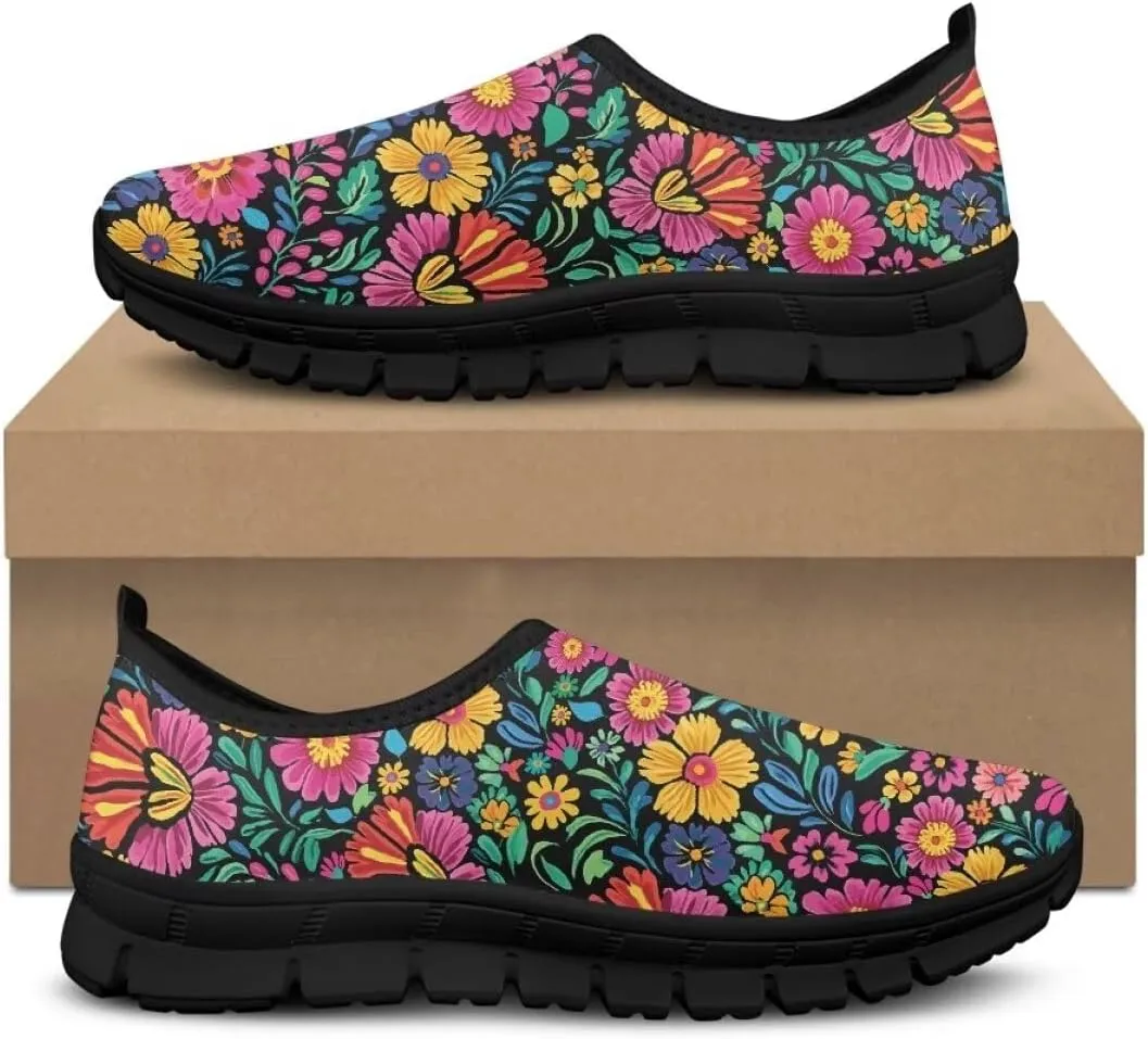 Womens Athletic Shoes Flowers Print Sports Shoes Slip-on Air Mesh Lightweight Sneakers Running Flats