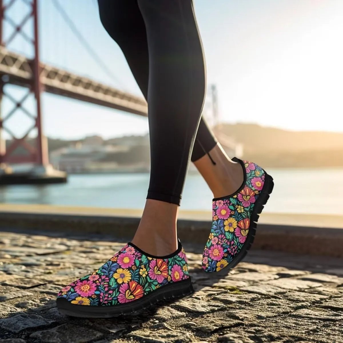 Womens Athletic Shoes Flowers Print Sports Shoes Slip-on Air Mesh Lightweight Sneakers Running Flats