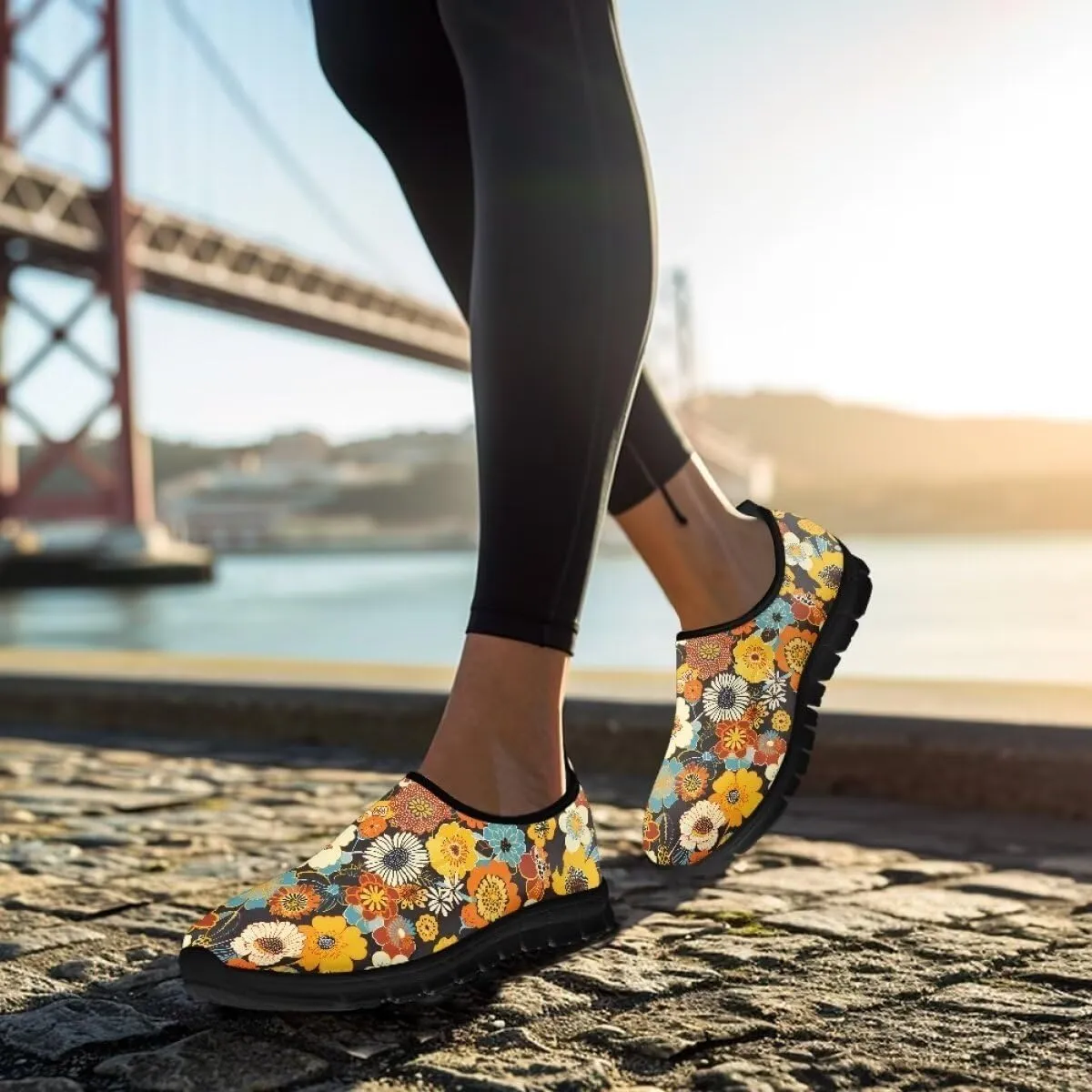 Womens Athletic Shoes Flowers Print Sports Shoes Slip-on Air Mesh Lightweight Sneakers Running Flats