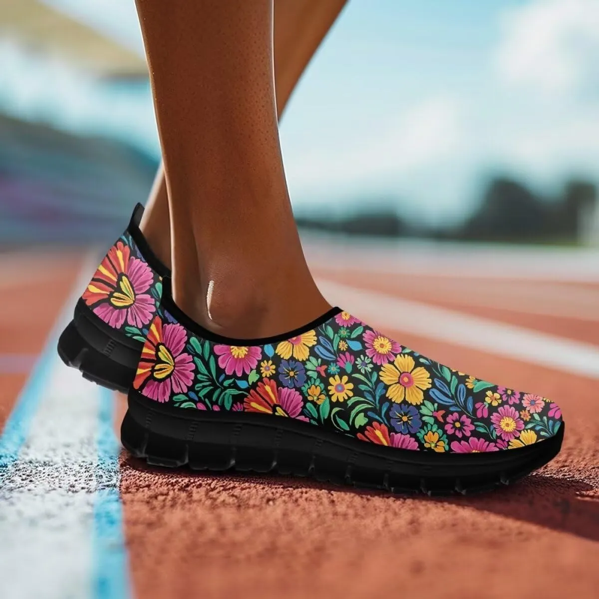 Womens Athletic Shoes Flowers Print Sports Shoes Slip-on Air Mesh Lightweight Sneakers Running Flats