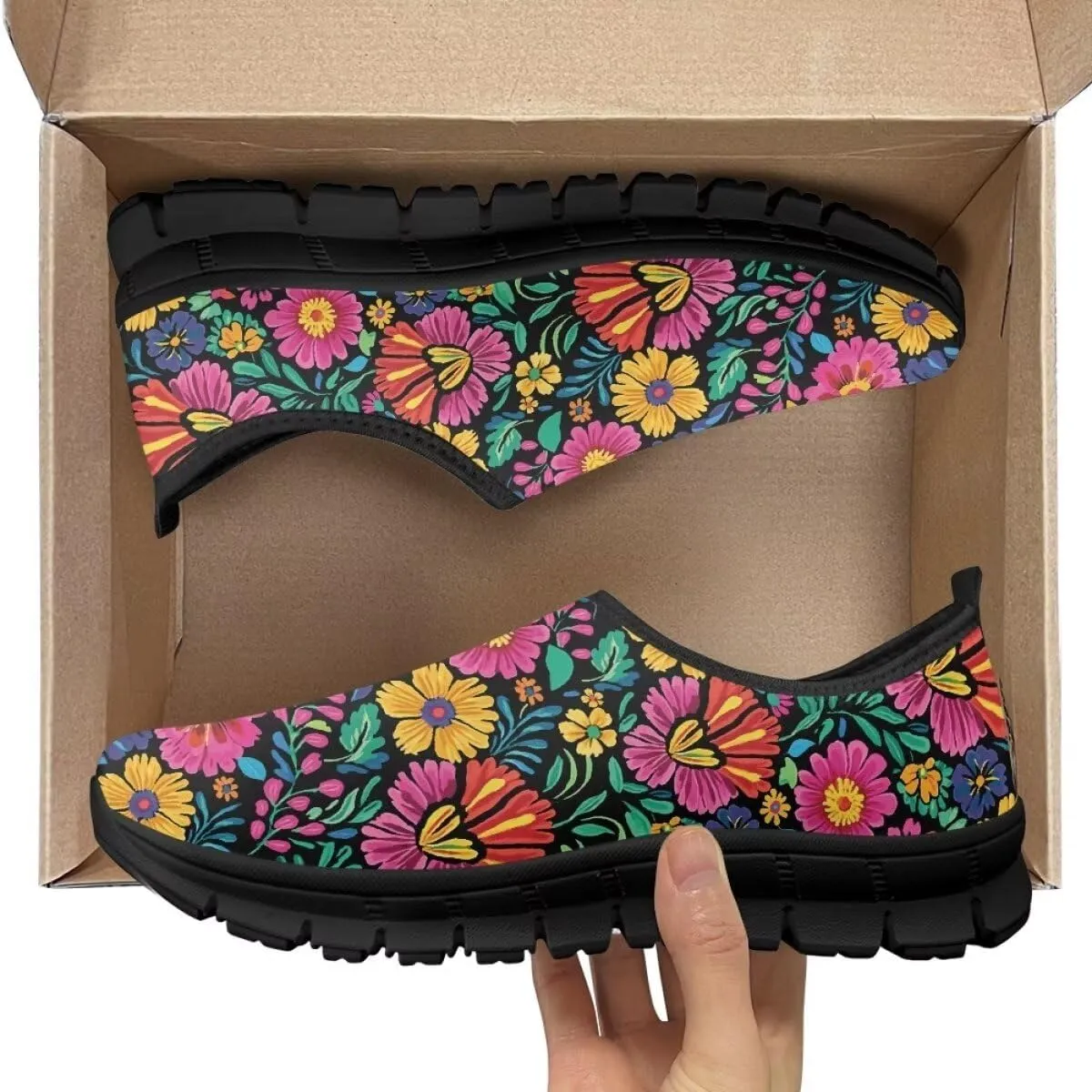 Womens Athletic Shoes Flowers Print Sports Shoes Slip-on Air Mesh Lightweight Sneakers Running Flats