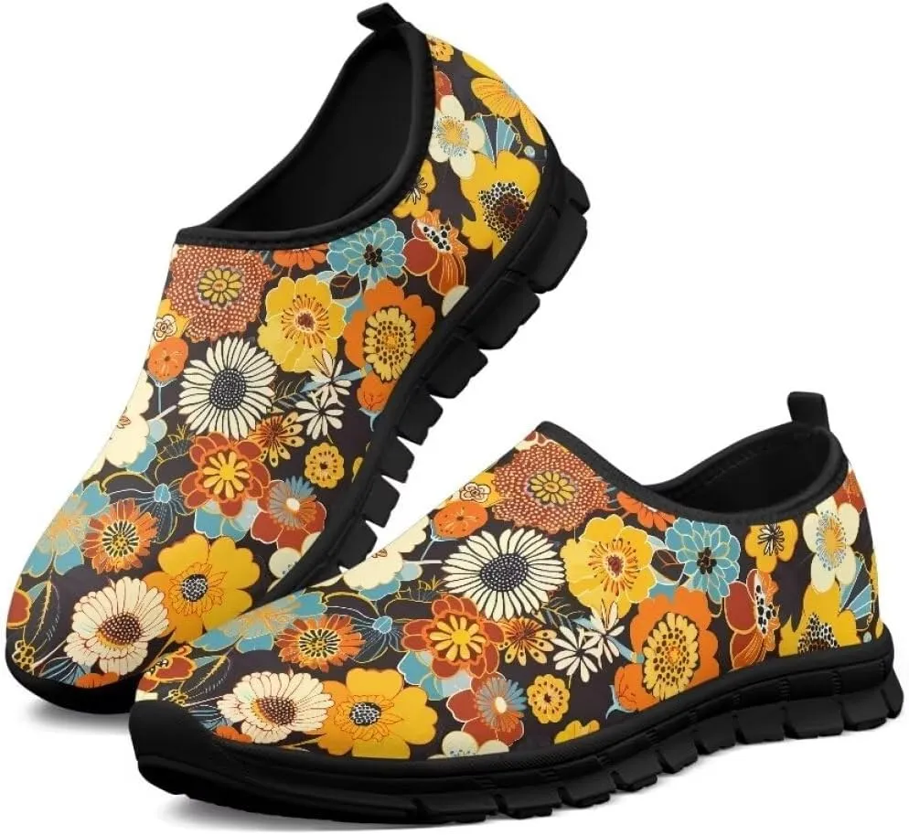 Womens Athletic Shoes Flowers Print Sports Shoes Slip-on Air Mesh Lightweight Sneakers Running Flats