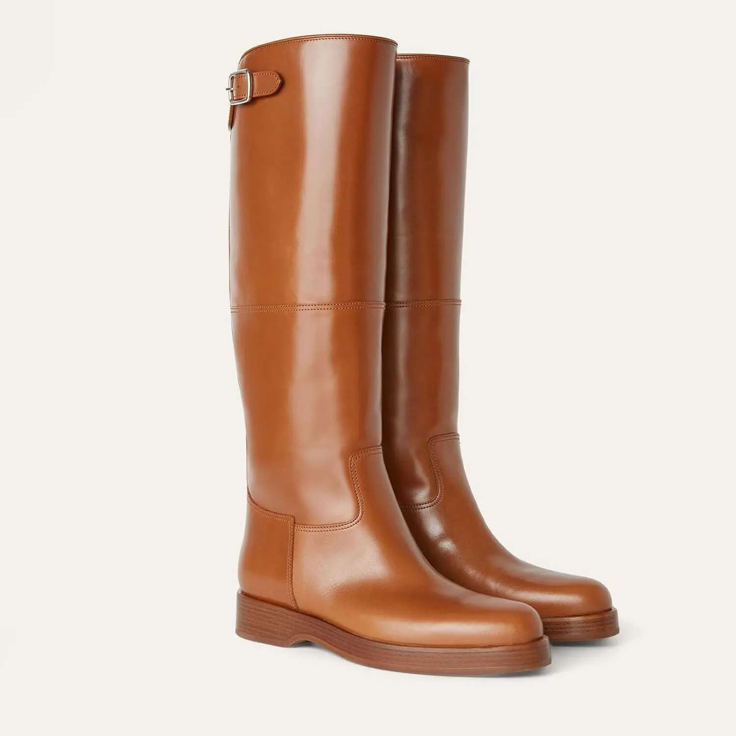 Women's Banana Knee High Boots Square Toe Chunky Block Heel Comfortable Low Heel Pull on Wide Calf Riding Long Boots for Women