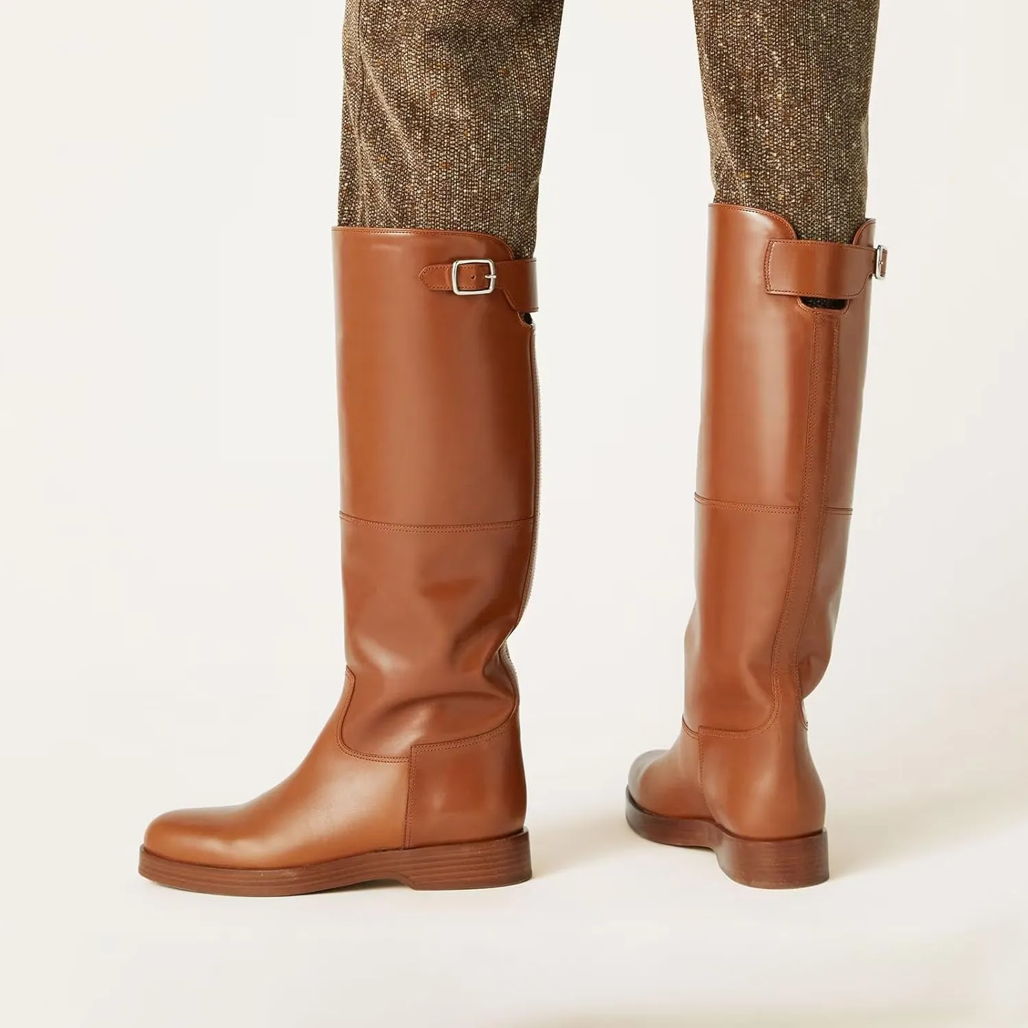 Women's Banana Knee High Boots Square Toe Chunky Block Heel Comfortable Low Heel Pull on Wide Calf Riding Long Boots for Women