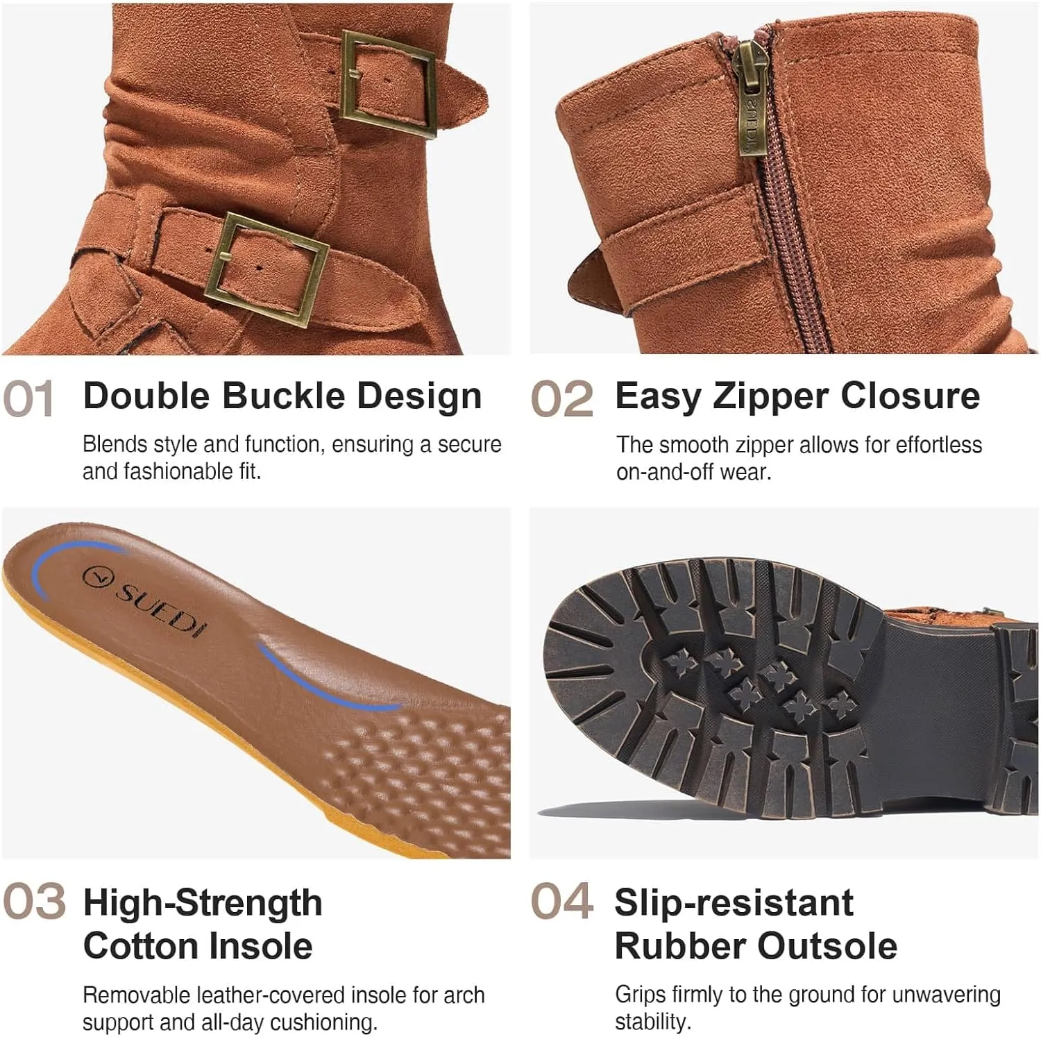 Women's Biker Boots Motorcycle Boots Buckle Mid Calf Boots Low Heel Combat Riding Military Boots for Women