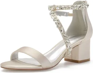 Women's Block Wedding Heels for Bride Chunky Heeled Sandals Rhinestones Bridal Shoes
