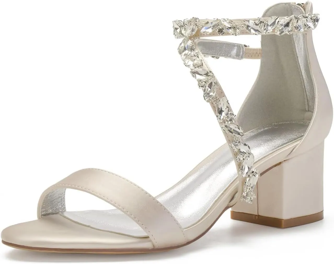 Women's Block Wedding Heels for Bride Chunky Heeled Sandals Rhinestones Bridal Shoes