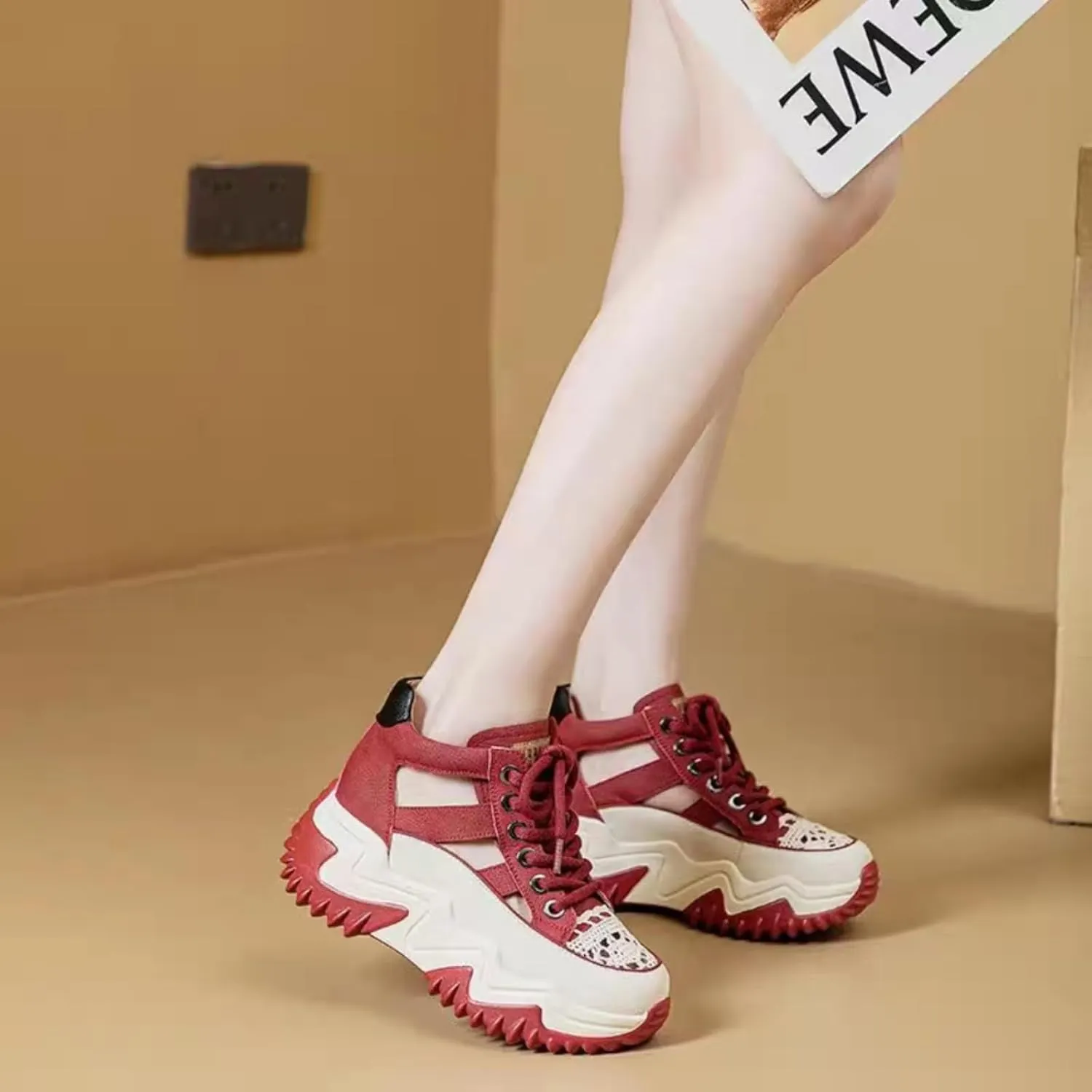 Womens Breathable Hollow Leather Lace Up Platform Sneakers Summer Casual Non-Slip Height Gain Walking Workout Sport Shoes