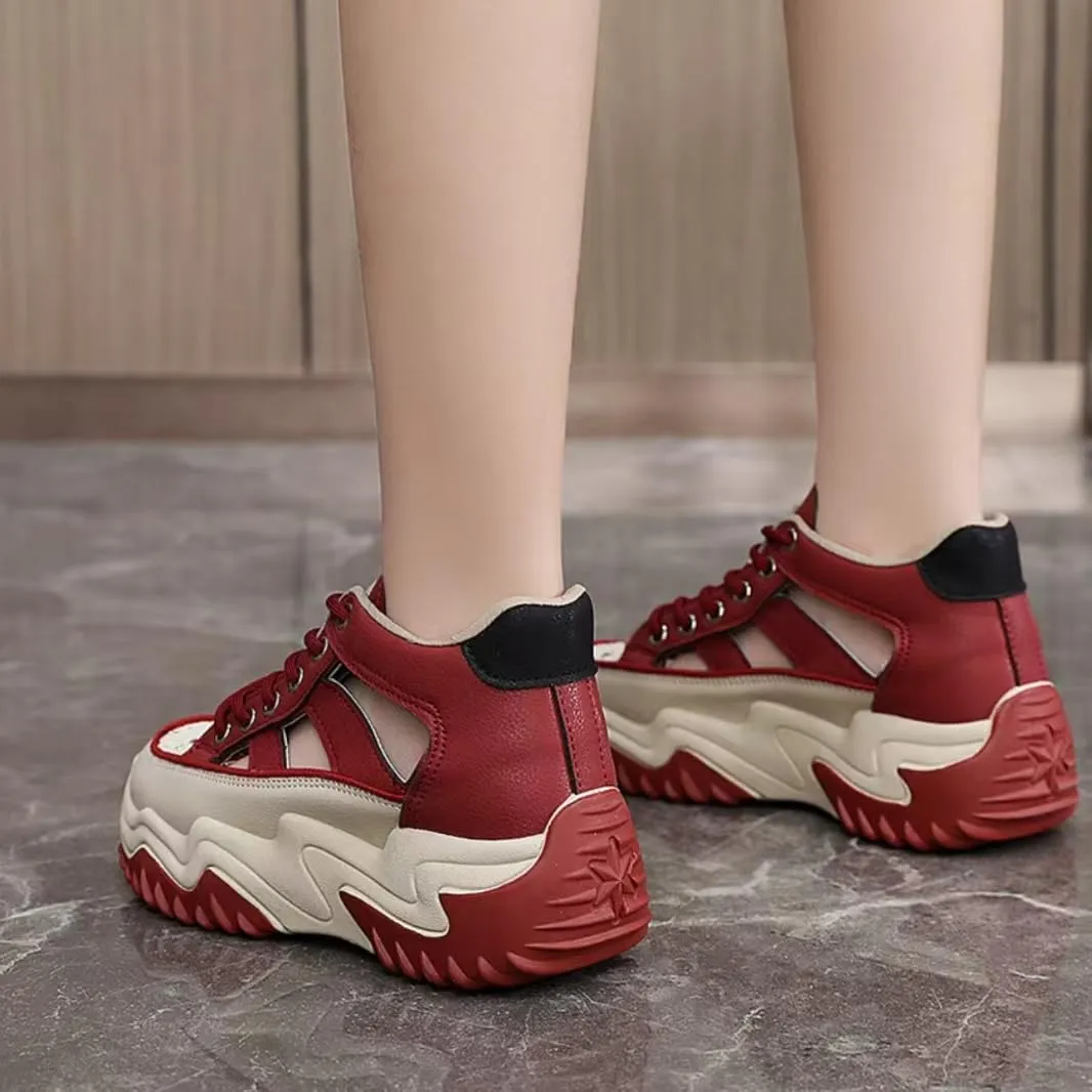 Womens Breathable Hollow Leather Lace Up Platform Sneakers Summer Casual Non-Slip Height Gain Walking Workout Sport Shoes