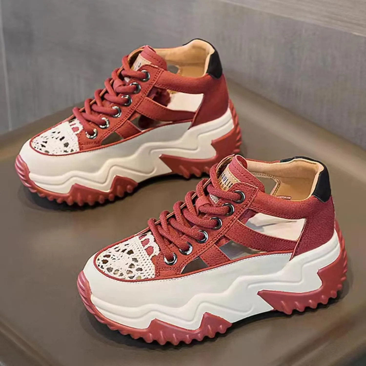 Womens Breathable Hollow Leather Lace Up Platform Sneakers Summer Casual Non-Slip Height Gain Walking Workout Sport Shoes