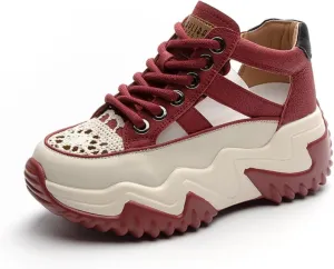 Womens Breathable Hollow Leather Lace Up Platform Sneakers Summer Casual Non-Slip Height Gain Walking Workout Sport Shoes