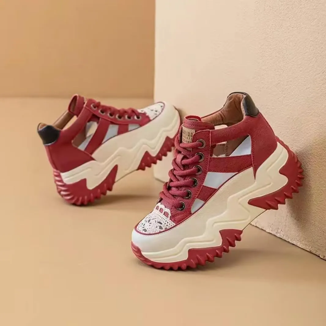 Womens Breathable Hollow Leather Lace Up Platform Sneakers Summer Casual Non-Slip Height Gain Walking Workout Sport Shoes