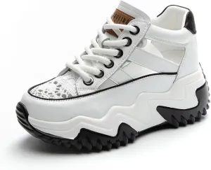 Womens Breathable Hollow Leather Lace Up Platform Sneakers Summer Casual Non-Slip Height Gain Walking Workout Sport Shoes