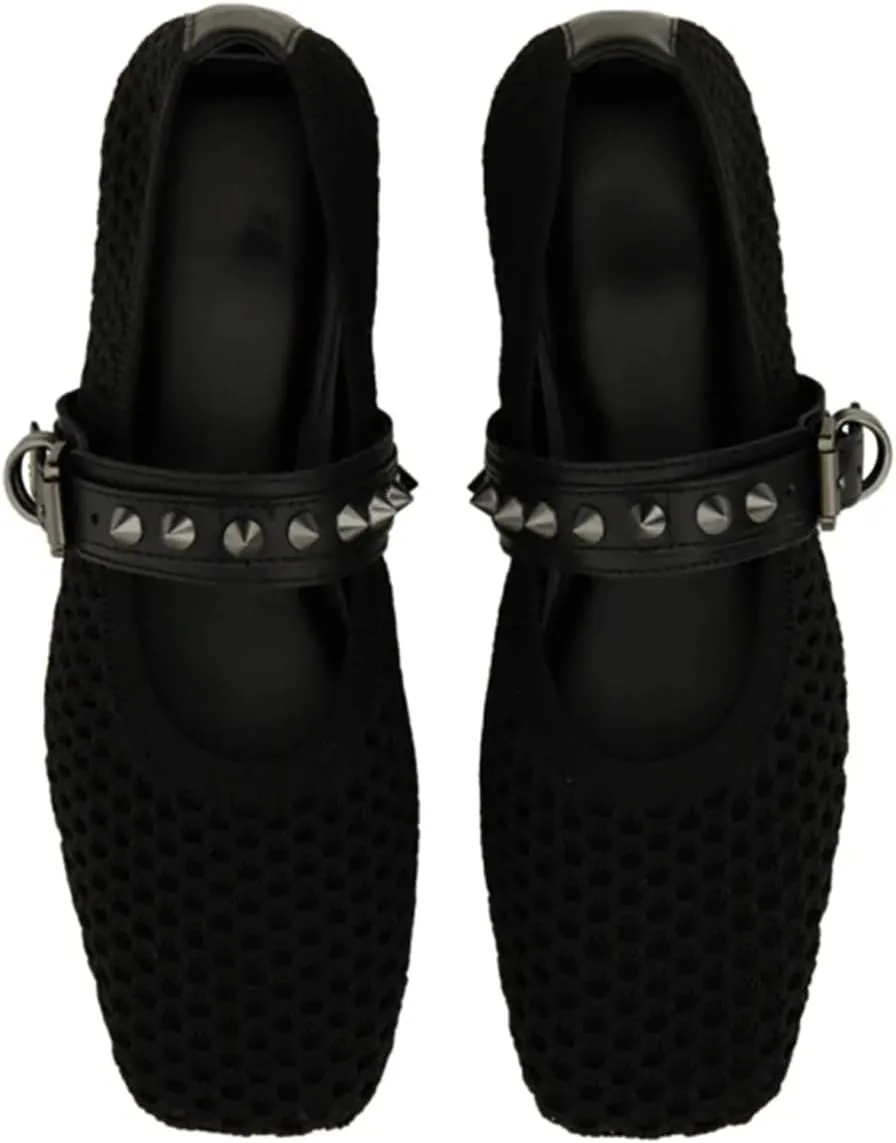 Women's Breathable Mesh Knit Ballet Flats, Square Toe Studded Mary Jane Shoes with Buckle Strap, Comfy Supportive Casual Office Ballerina Flat Shoes