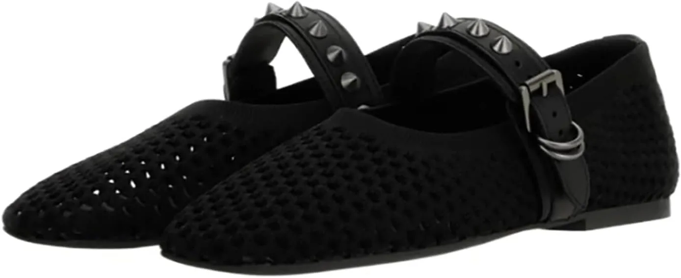 Women's Breathable Mesh Knit Ballet Flats, Square Toe Studded Mary Jane Shoes with Buckle Strap, Comfy Supportive Casual Office Ballerina Flat Shoes