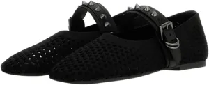 Women's Breathable Mesh Knit Ballet Flats, Square Toe Studded Mary Jane Shoes with Buckle Strap, Comfy Supportive Casual Office Ballerina Flat Shoes
